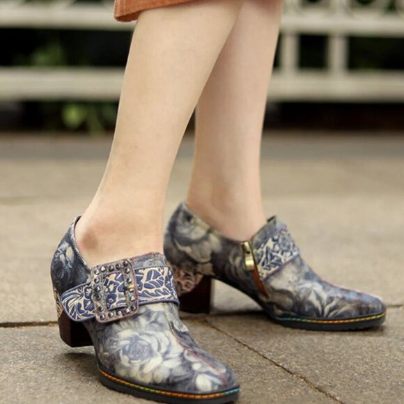 Shoes - NWOT Gray Embossed Floral Buckle Leather Side Zip Loafer Bootie